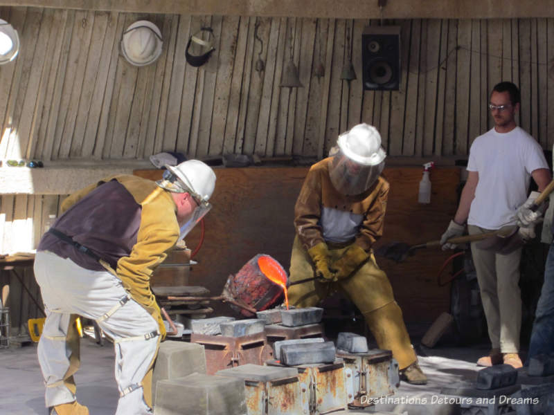 Pouring bronze into molds at Cosanti, Paradise Valley, Arizona