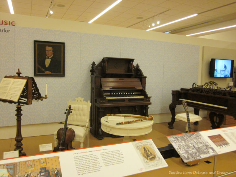 19th century parlour with musical instruments