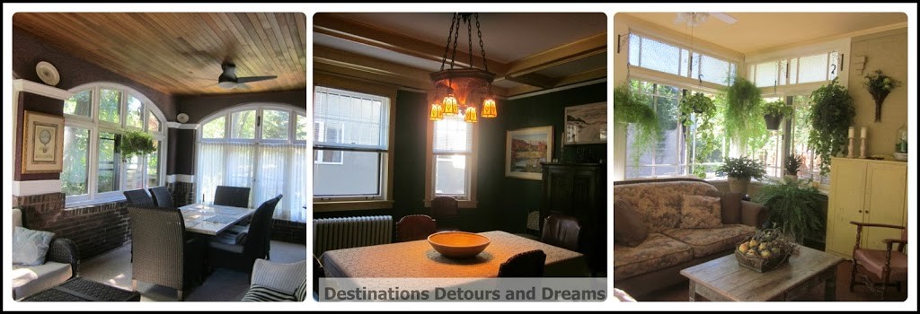 A sample of other rooms encountered on the tour: sun room and dining room at the Tudor Revival house, sun room at River Gate Inn