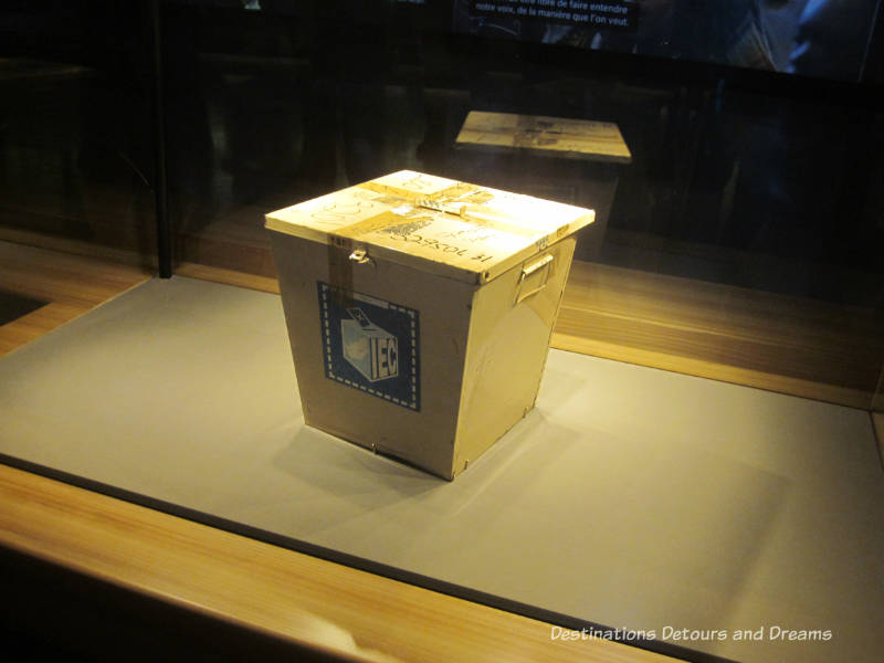 Ballot box from 1994 South Africa election on display inside the Canadian Museum for Human Rights, Winnipeg, Manitoba