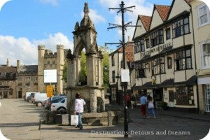 Medieval cathedral city of Wells - fountain at foot of Market Place