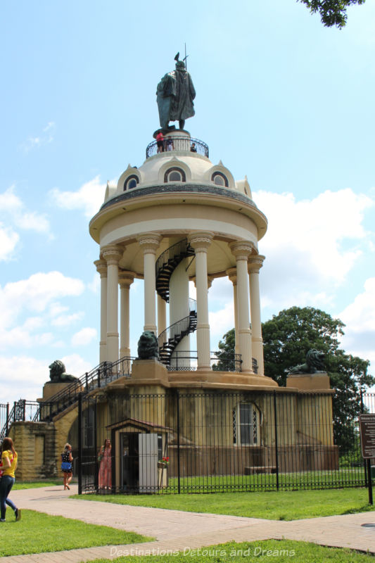 Statue of Hermann, a Cheruscan chieftain, upon a 102-foot monument with stairs to the top in New Ulm, Minnesota