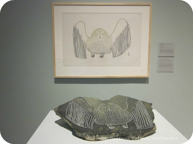 About printmaking at Our Land Inuit art exhibit at Winnipeg Art Gallery - Startled Owl by Pauta Saila