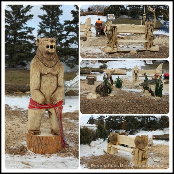 Wood sculptures from the Festival du Voyageur Wood Carving Challenge