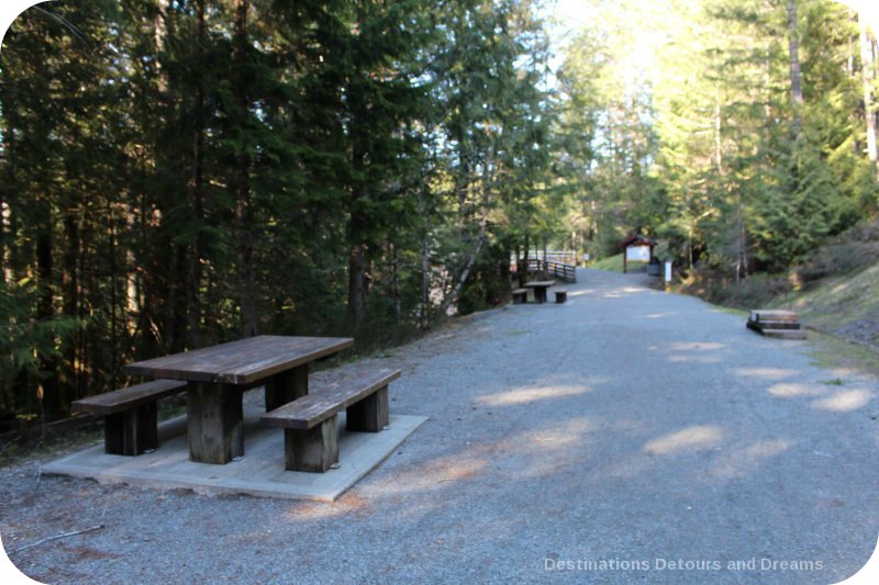 Picnic tables at historic Kinsoh Trestle Bridge on Vancouver Island