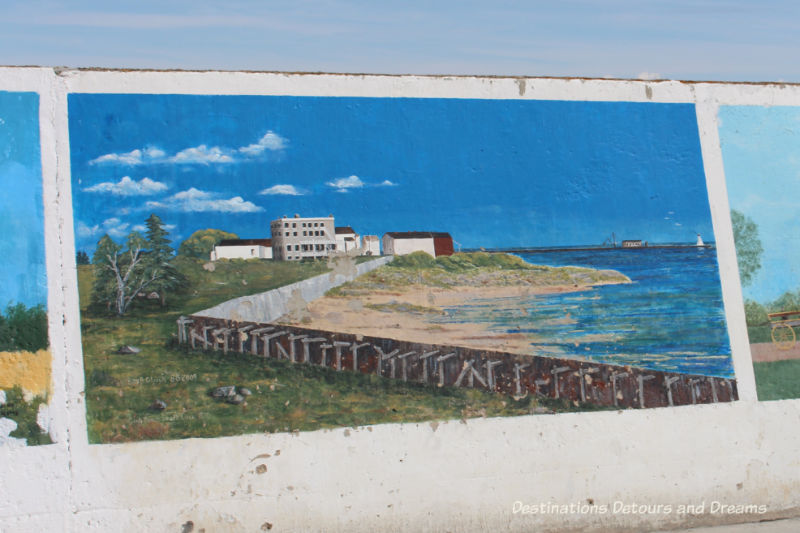 Gimli Seawall Gallery, a collection of murals on a protective wall on the pier, is a favourite tourist attraction in Gimli, Manitoba