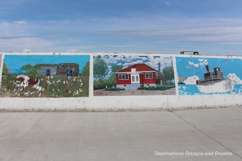 Gimli Seawall Gallery, a collection of murals on a protective wall on the pier, is a favourite tourist attraction in Gimli, Manitoba