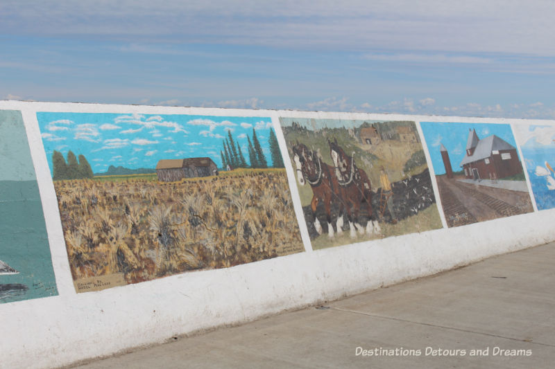 Gimli Seawall Gallery, a collection of murals on a protective wall on the pier, is a favourite tourist attraction in Gimli, Manitoba