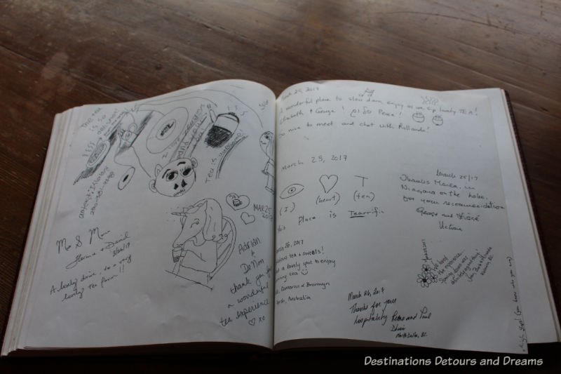 Guestbook artwork. A Sweet Visit to Westholme Tea on Vancouver Island. Tea, pottery, sweets on a Canadian tea farm.