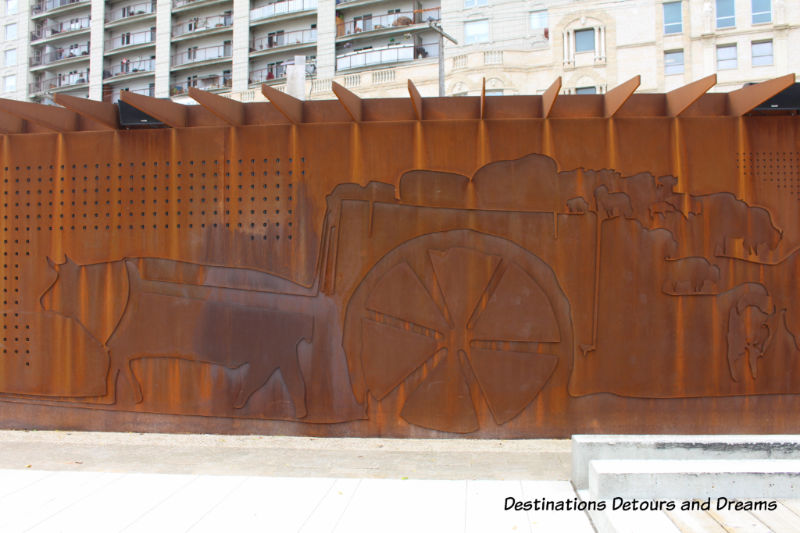 Red River Cart on Heritage Wall at Upper Fort Garry Provincial Park in Winnipeg, Manitoba