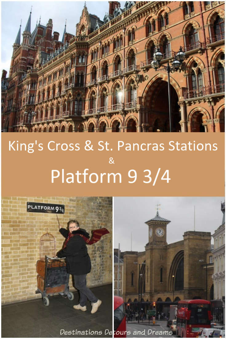 Fronts of King's Cross Station and St. Pancras Station and a photo of platform 9 3/4