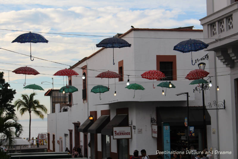 Impressions of Puerto Vallarta: colourful overhead street decorations - umbrellas