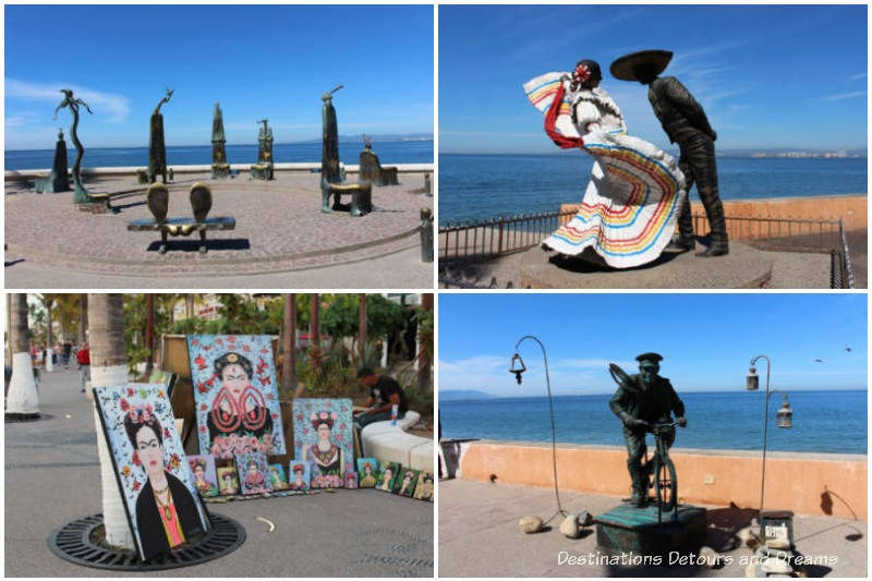 Statues, paintings and living statue along Puerto Vallarta's Malecon: strolling the Malecon is one of a dozen things to do in the city