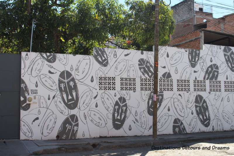 Street art in Puerto Vallarta: mural of black and white designs