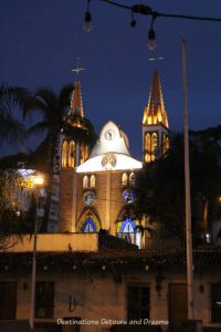 Our Lady of Refuge Church in Puerto Vallarta lit up at night