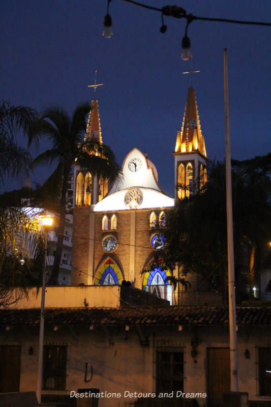 Our Lady of Refuge Church in Puerto Vallarta lit up at night 