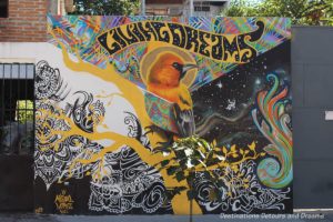 Living Dreams street mural by Misael inn Puero Vallarta features a bird in the centre