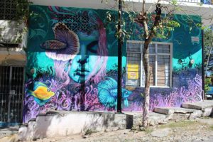 Blue and pink street mural of girl and coral reefs. By Misael Lopez in Puerto Vallarta