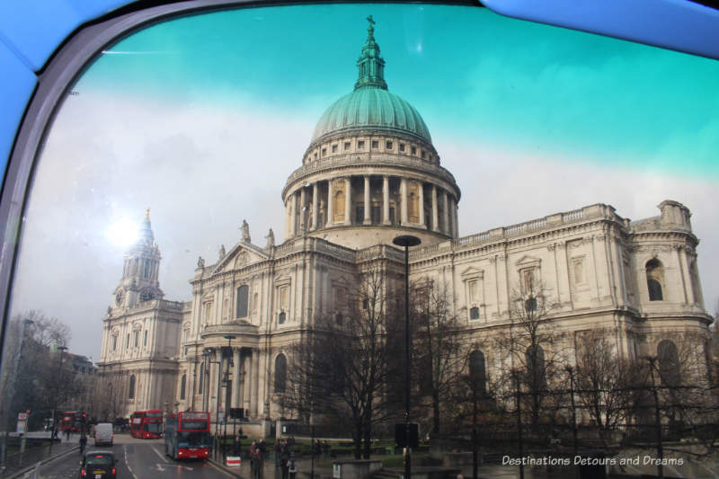 View from upper level of double-decker bus in London