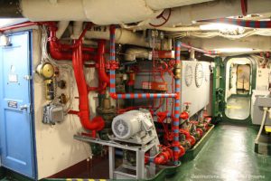 Equipment and hallway Below deck in USS Midway Museum in San Diego