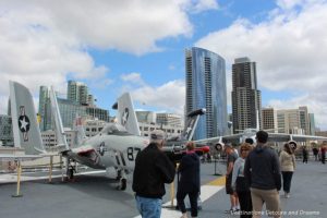 Plans on USS Midway Flight Deck with San Diego downtown in background