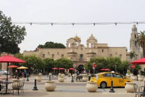 Balboa Park central plaza with Mingei International Museum in the background