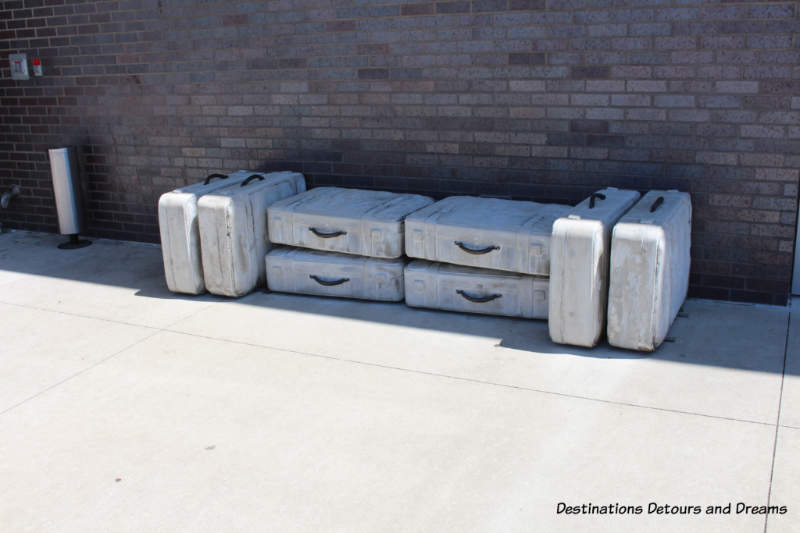 Luggage art installation outside 21c Museum Hotel in Bentonville, Arkansas