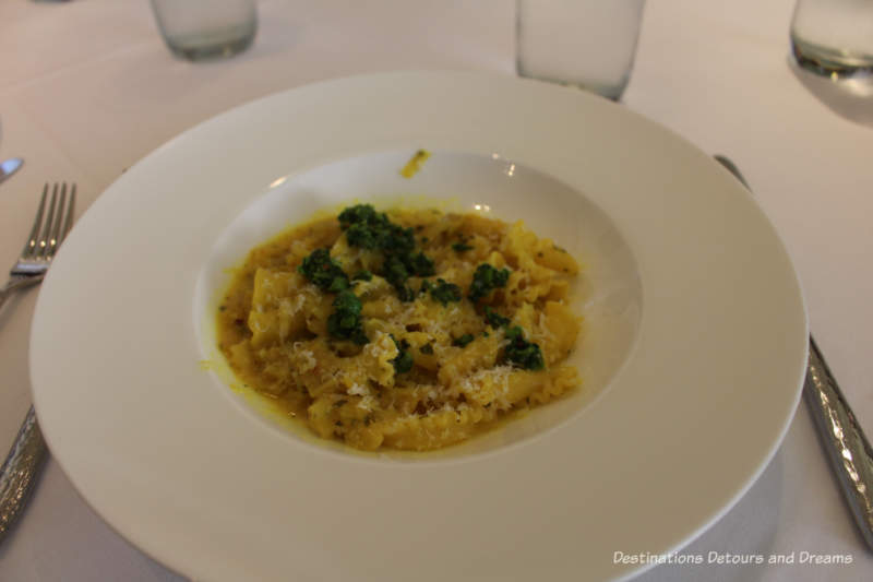 Campanelle Pasta with sweet pea salsa verde and fennel