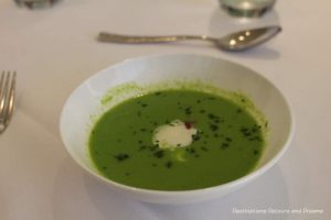 Spring Pea soup with crème fraiche and crispy ham