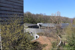 View of Crystal Bridges Museum of American Art building from the entrance point above the ravine the museum is set in