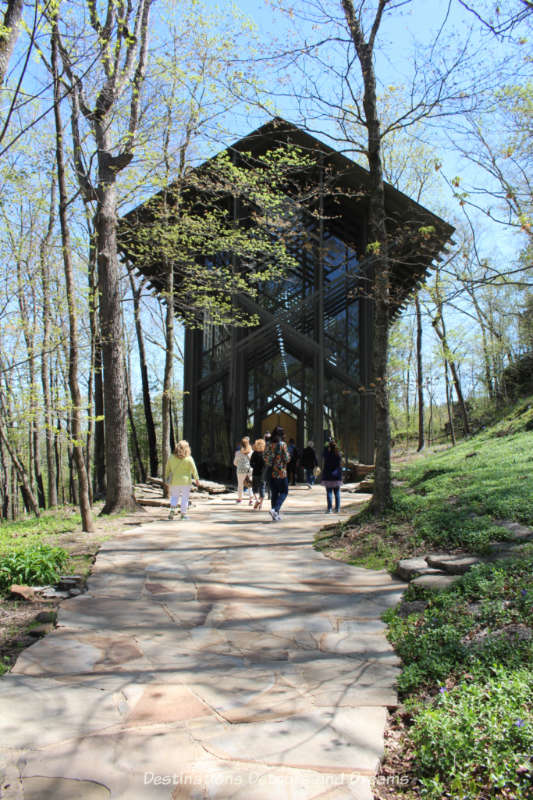 First view of Thorncrown Chapel rising into the sky like the forest around it