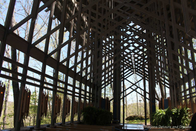 Windows of Thorncrown Chapel look into the woods