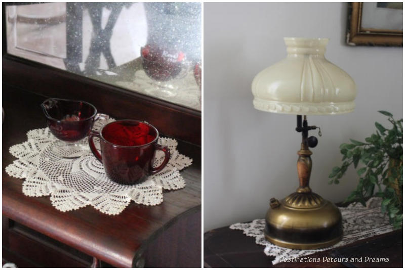 Nellie McClung cream and sugar dishes and lamp