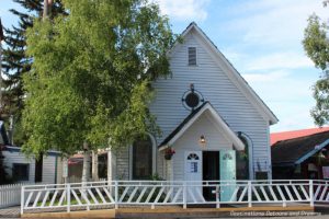 This white wood church, now in Pioneer Parks, was the first church in Fairbanks, Alaska