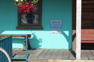 Sign on building in Pioneer Park in Fairbanks, Alaska indicates 1967 flood level