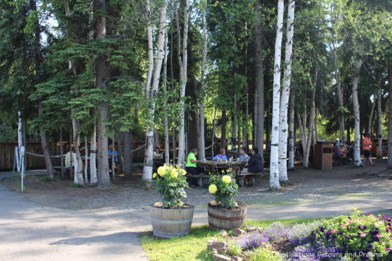 Shaded seating area for the Salmon Bake dinner in Pioneer Park in Fairbanks, Alaska