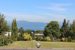 View of mountains and sea from UBC Rose Garden