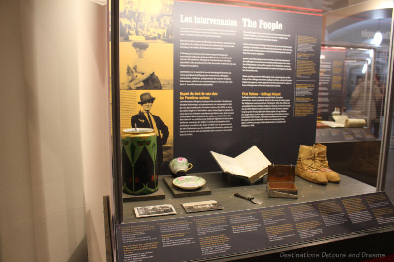 Display case at Manitoba Museum exhibit "Nice Women Don't Want The Vote"