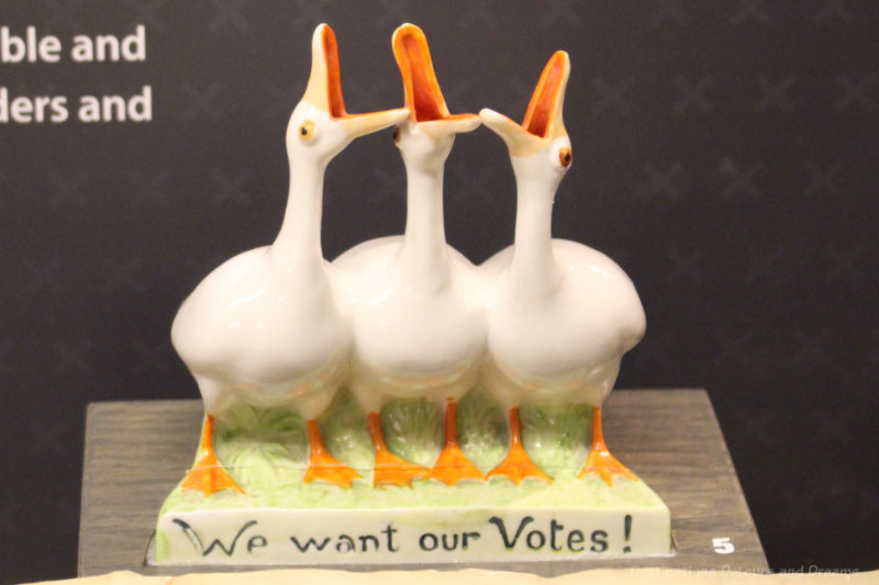 Goose suffragette figurine at Manitoba Museum exhibit