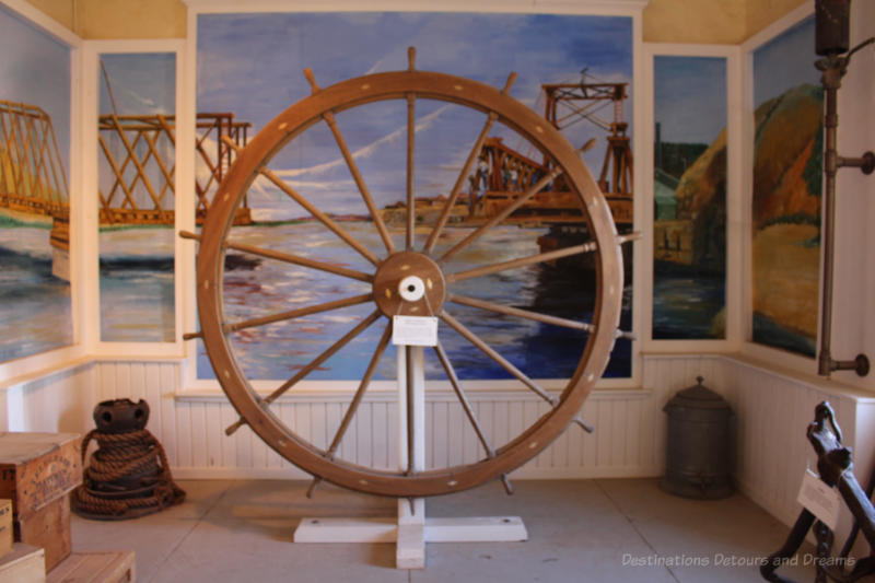 Steamboat steering wheel on display at Colorado River State Historic Park in Yuma, Arizona