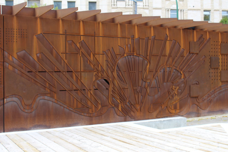 Representation of the Red River Rebellion on the Heritage Wall at Upper Fort Garry Park, Winnipeg, Manitoba, Canada