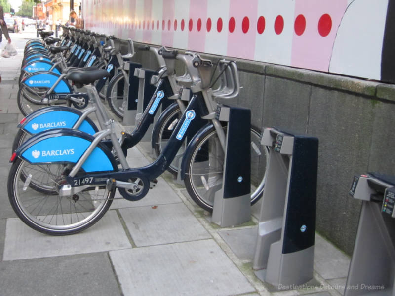 Bicycles at a Cycle For Hire stand in London England