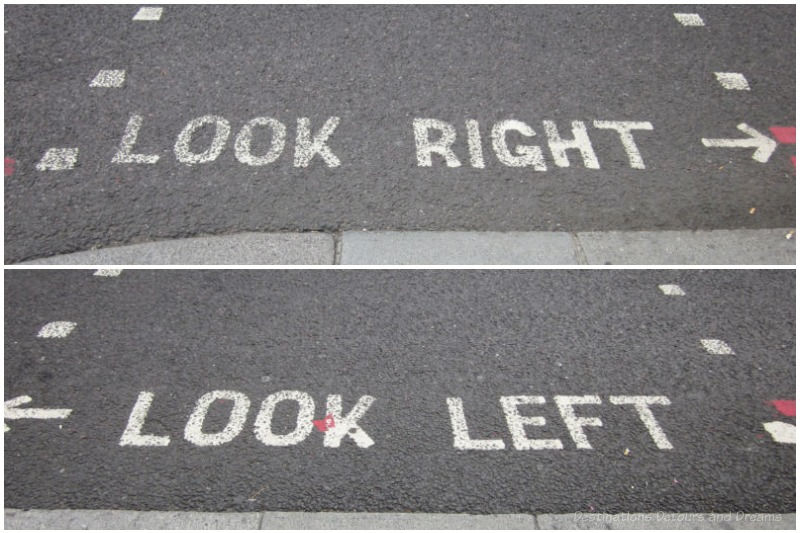 Look left and look right signs on curb in London street