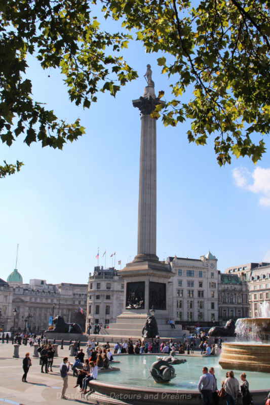 Nelson' Column towering in Trafalgar Square in London, England