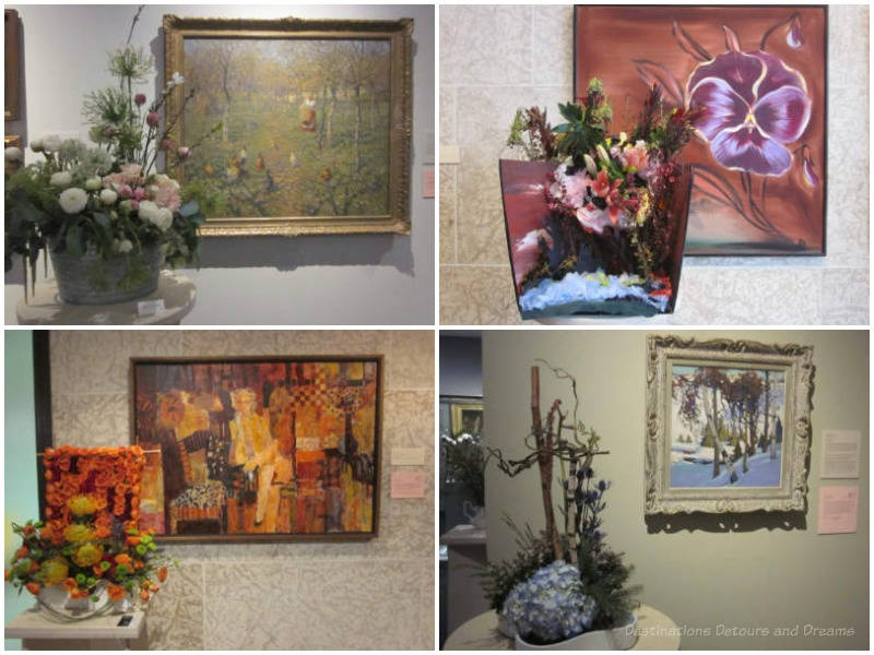 A collection of four floral arrangements accompanying Winnipeg Art Gallery artworks in the 2017 Art in Bloom exhibition