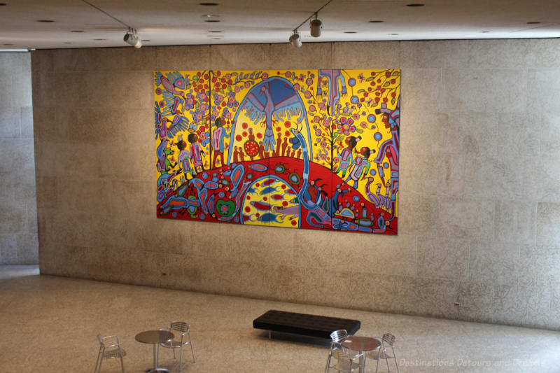 Artwork Androgny by Norval Morrisseau on Tyndall stone walls of Winnipeg Art Gallery's Eckhardt Hall