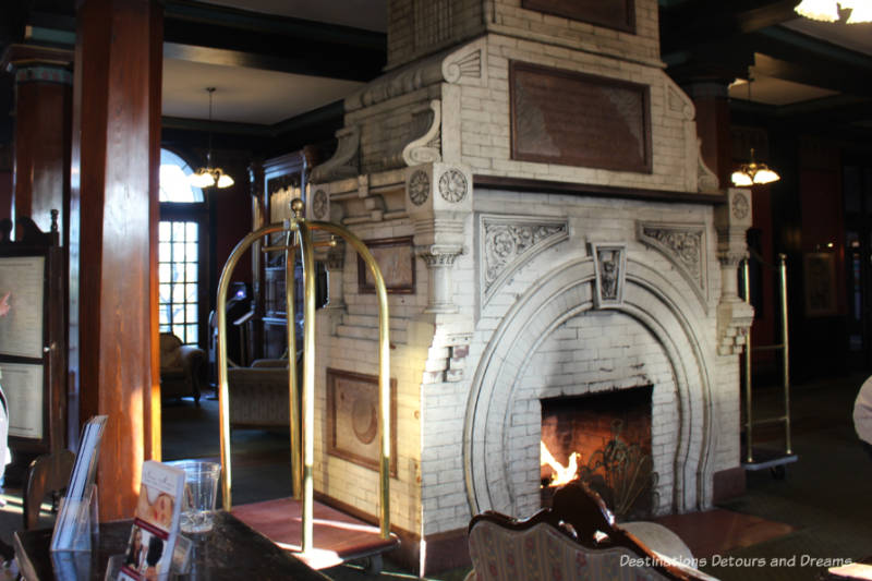 White old large fireplace constructed of Eureka Springs marble in Crescent Hotel lobby