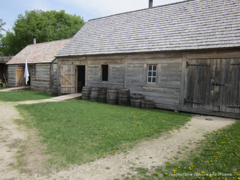 Wooden buildings at Fort Gibraltar in Winnipeg, Manitoba