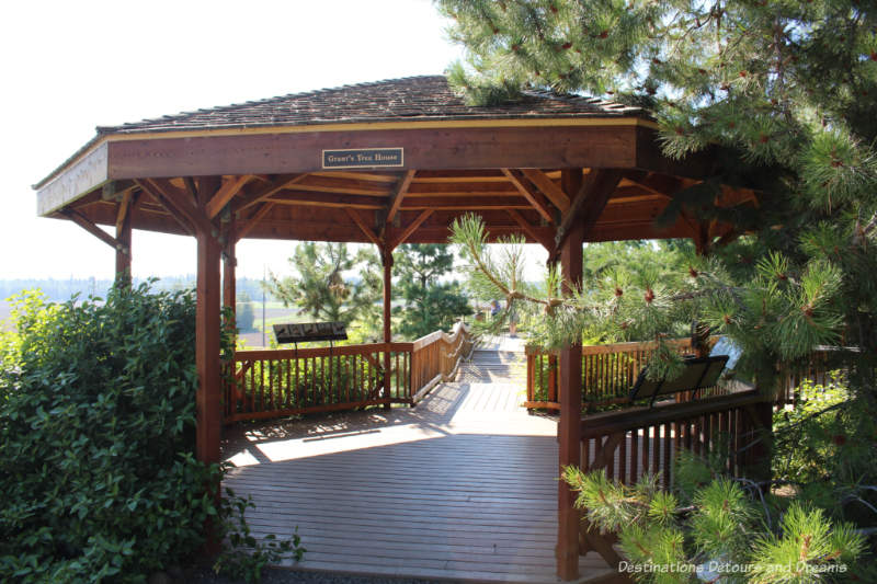 Covered gazebo and wood walkway in Georgeson Botanical Garden in Fairbanks, Alaska