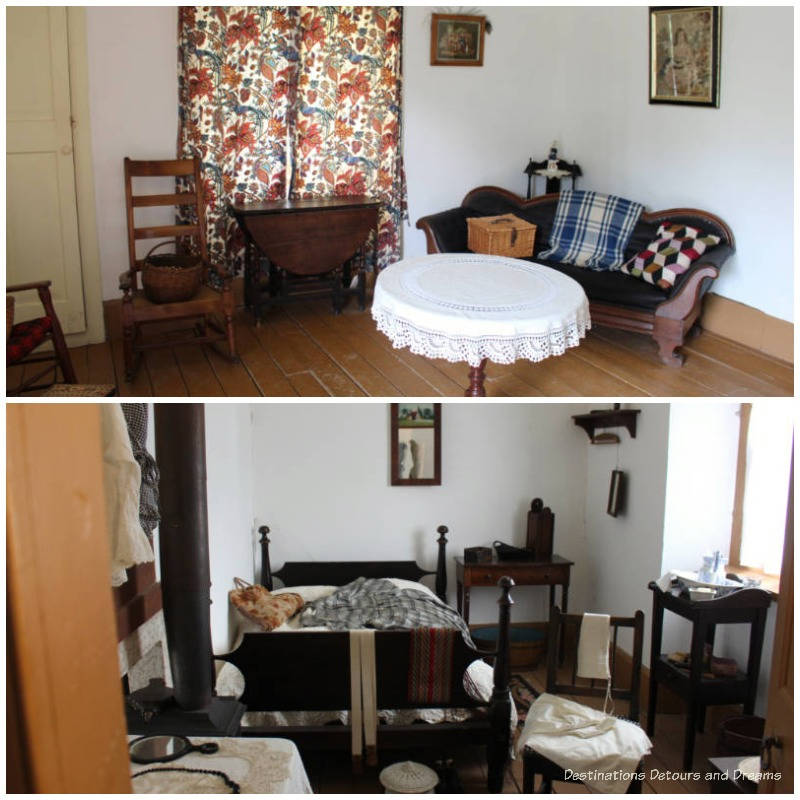 Sitting room and bedroom inside Ross Cottage at Lower Fort Garry